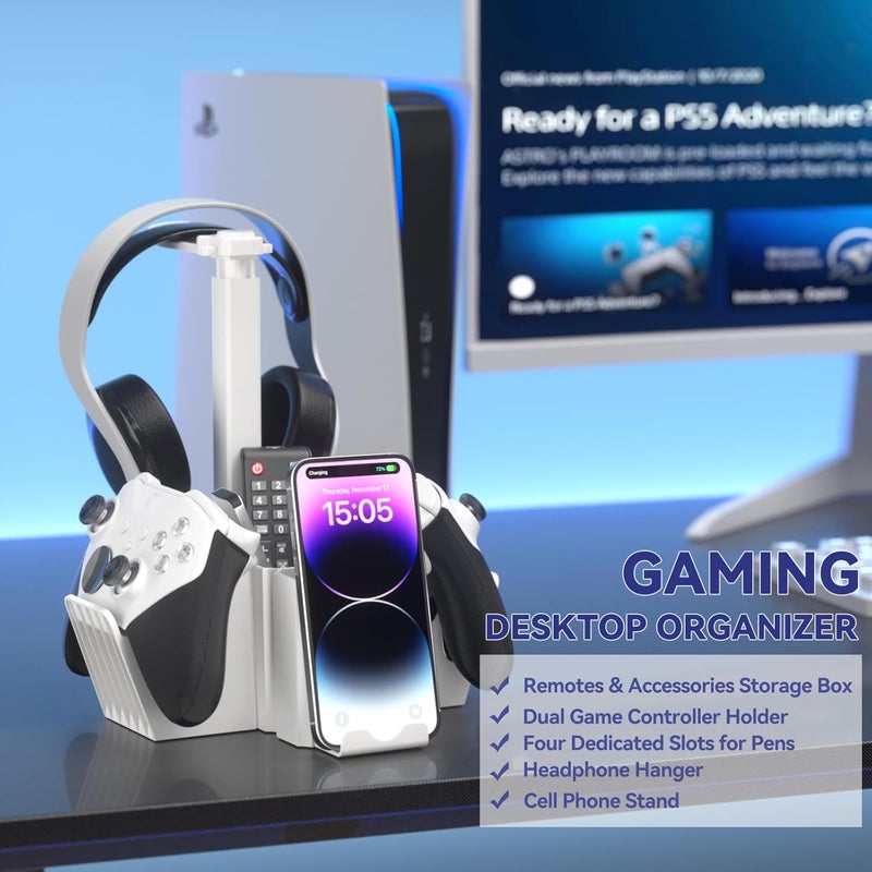 KDD Dual Controller Holder with Headphone Stand - Multi-Functional Desk Storage Box with Phone Holder - Universal Controller Stand with Desktop Organizer for Remote Control Pen Accessories(White) - Image 2